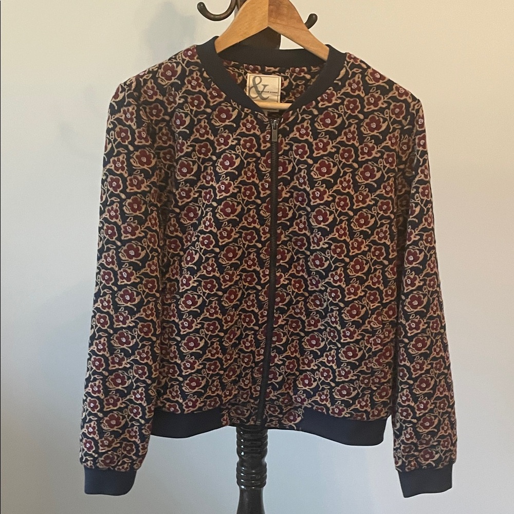 Floral Print Bomber Jacket in Navy & Burgundy - Ampersand Avenue